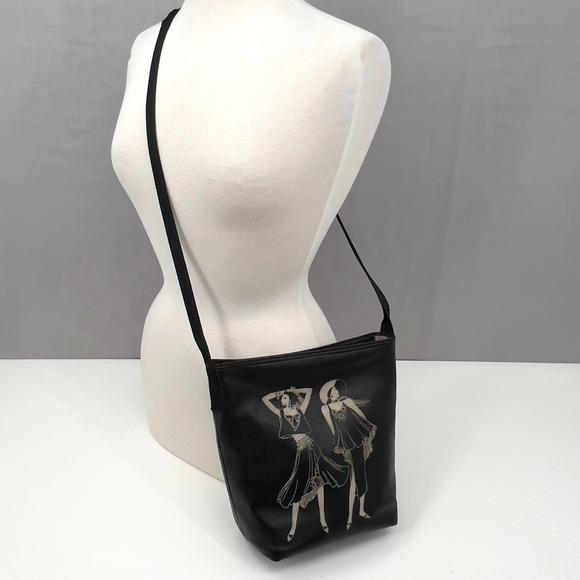 Vintage 80s Black Crossbody Bag with Art Deco Women Graphic - Picture 3 of 7